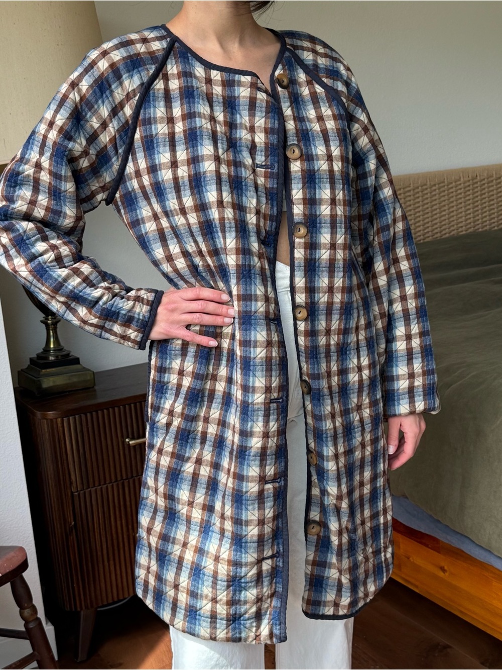 DOEN Sur Longline Jacket • Quilted Belleville Plaid in Navy, Brown & Cream - Picture 3 of 7